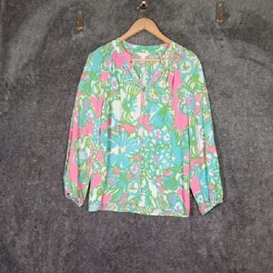 Lilly Pulitzer Vibrant Floral Blouse - Pink and Green Elsa Silk Womens Blouse S